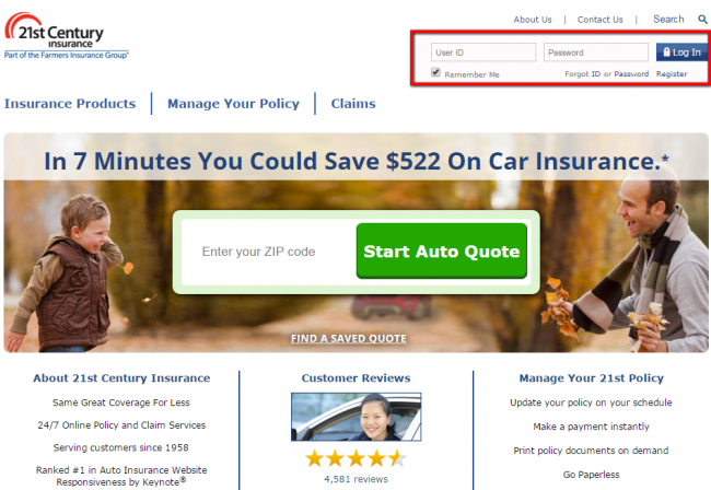 21st Century Auto Insurance Login - Step 1