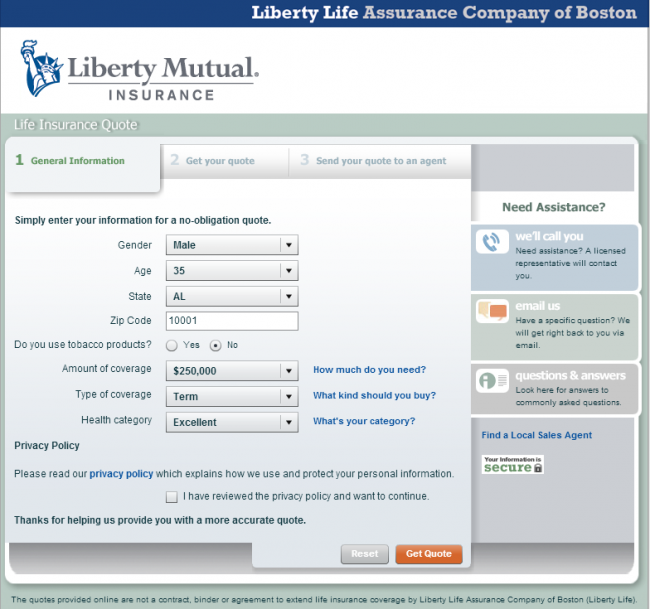 Free Liberty Mutual Life Insurance Quote - Step 2