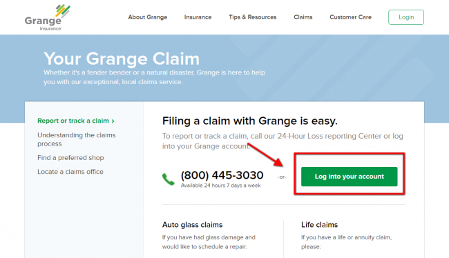 Grange Auto Insurance Make a Claim - Step 1