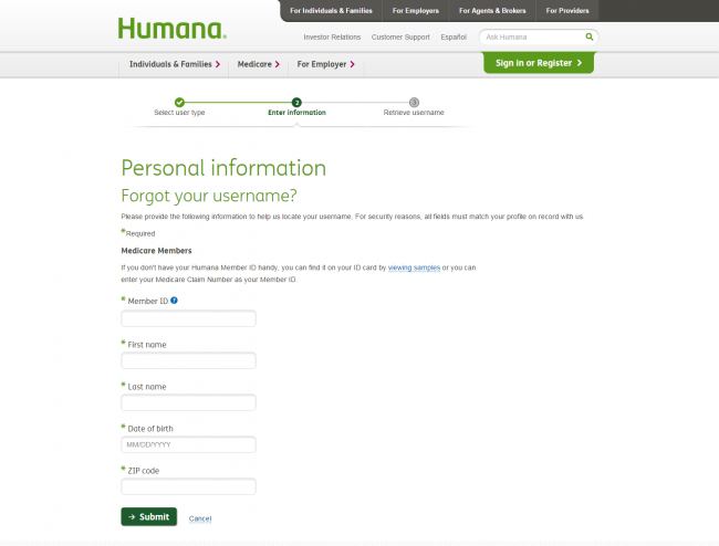 Humana Health Insurance Username Retrieval