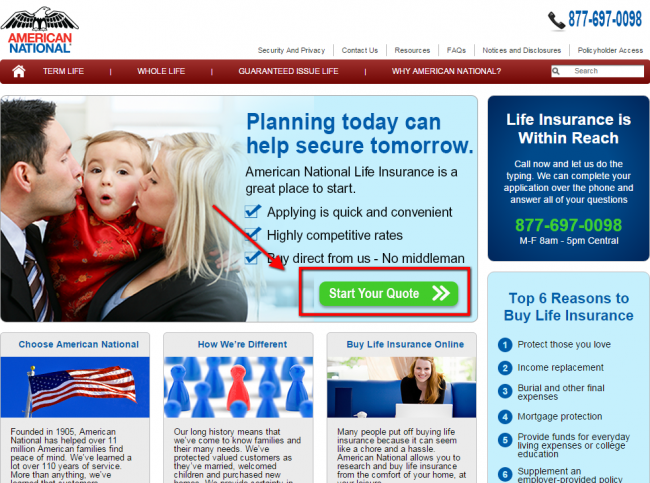 American National Life Insurance Quote - Step 1