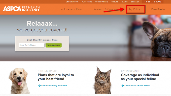 ASPCA Pet Health Insurance Login - Step 1