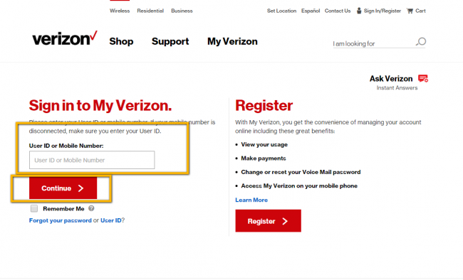 Verizon Cell Phone Insurance Login - Step 1